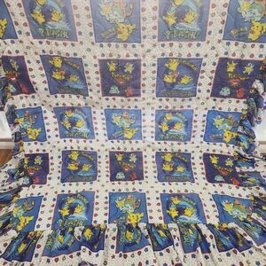 Vintage 90s Pokemon Pikachu Bedspread Comforter Blue White Multi Ruffle Twin